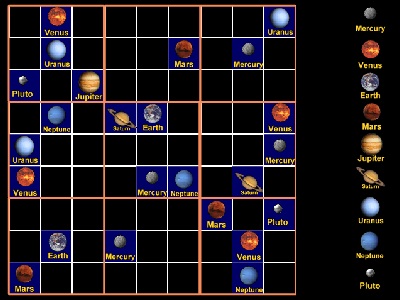 Juego nuestro <a href="/games/sudoku/sudoku.html&edu=high&lang=sp&dev=1" class=outlink>Sudoko Ocho Planetas y Un Enano</a>!  Se usan las reglas normales de Sudoku - cada planeta puede slo aparecer una vez en cada columna y fila, y una vez en cada seccin 3x3. Aprenda al mismo tiempo ms sobre los planetas! Puede variar el juego de muy fcil a muy difcil.
<p><small><em></em></small></p>