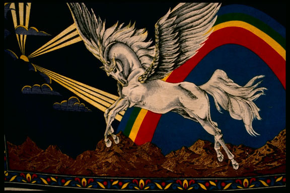 Pegasus era un caballo con alas que sali de Medusa cuando fue decapitada por <a href="/mythology/perseus.html&edu=elem&lang=sp&dev=">Perseus</a>. Este es un mural de Pegasus de Turqua.<p><small><em>        Imagen cortesa de Corel Corporation.</em></small></p>